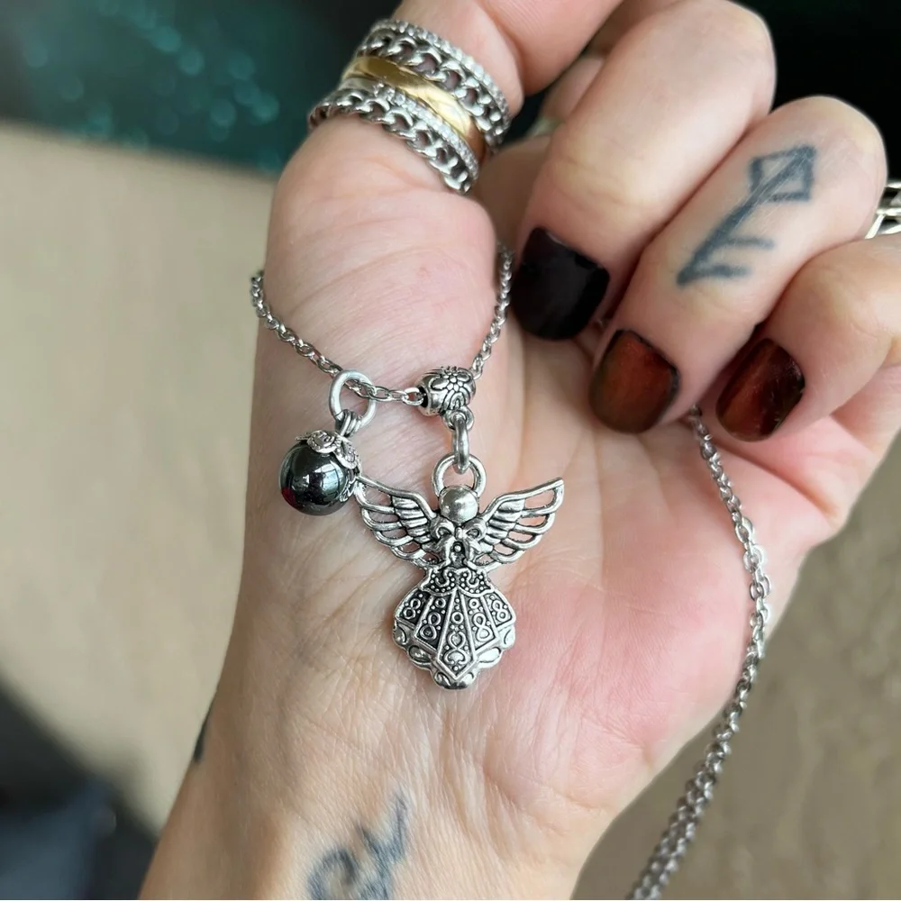 🔴 Hematite bead angel charm stainless steel boho silver gemstone necklace . - Picture 8 of 9